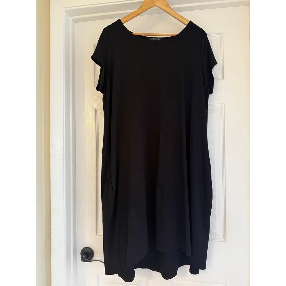 Eileen Fisher Woman Black Viscose Jersey Tiered Shift Dress Pockets 1X Plus Size